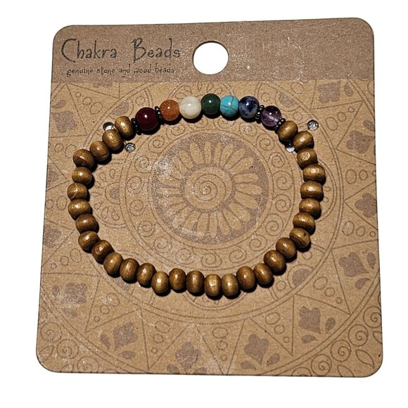 Chakra Beads Natural Wood Gemstone Stretch Bracelet Spiritual Boho Jewelry Women - Picture 1 of 3